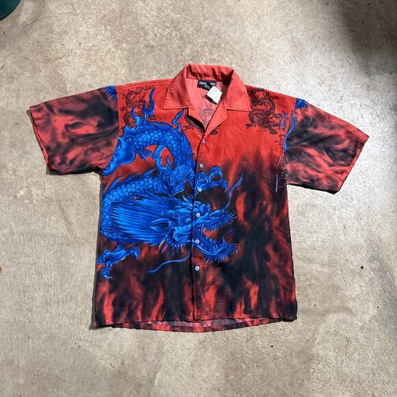 Vintage VTG Y2K Dragon AOP Short Sleeve Button Down Shirt - Picture 4 of 8